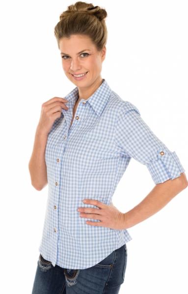 OS Trachten Damen Trachtenbluse Langarm Krempelarm mit Stick Hellblau