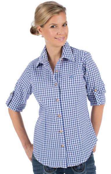 OS Trachten Damen Trachtenbluse Langarm Krempelarm mit Stick Blau