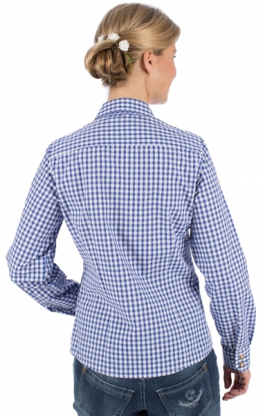 OS Trachten Damen Trachtenbluse Langarm Krempelarm mit Stick Blau