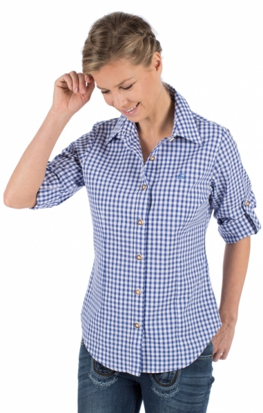 OS Trachten Damen Trachtenbluse Langarm Krempelarm mit Stick Blau