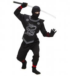 Schwarzer Ninja Oberteil mit Bändern, Hose mit Bändern, Brustschutz, Maske